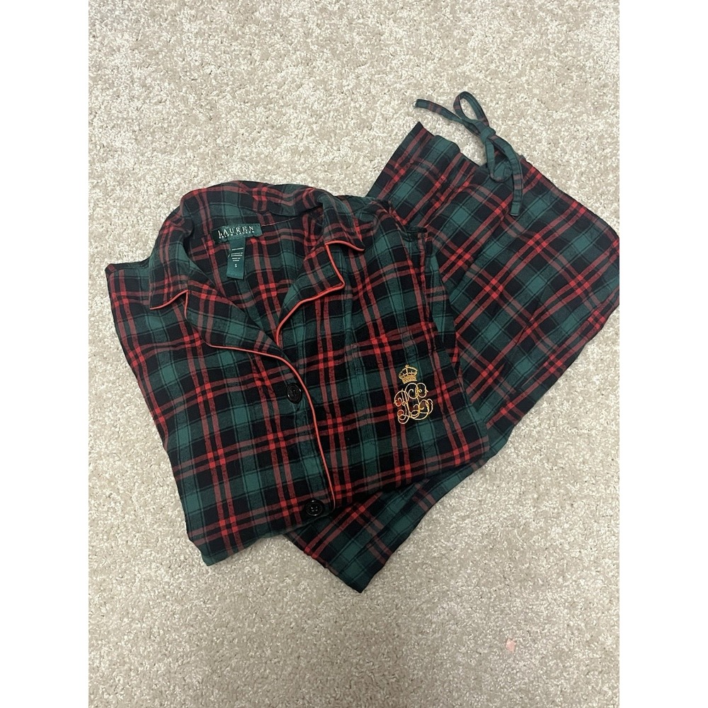 Women's Ralph Lauren Young Royals Emblem Red And Green plaid pajama set size S